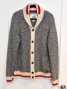 Roots Cabin Shawl Collar Cardigan L Grey Wool Blend Elbow Patch Cozy